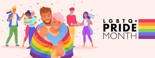 Vector pride maand vectorbanner met diverse mensen die steun tonen voor lgbtq plus rechten en bewegingen