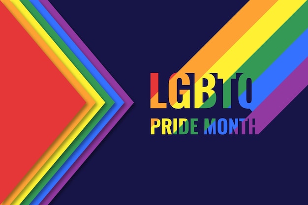 Vettore pride mese banner cuori arcobaleno e testo colorato movimento lgbt vibrante mese di orgoglio sfondo