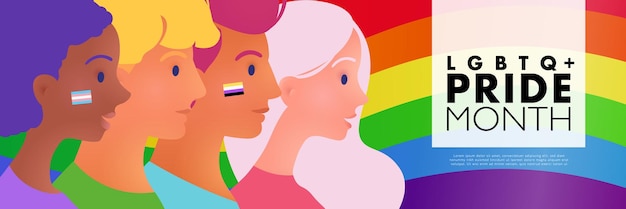 Vector pride month banner with portraits of lgbtq plus diverse people on rainbow flag background