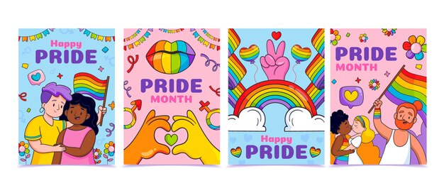Pride month colorful hand drawn card set
