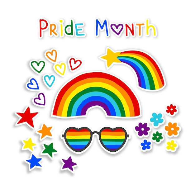Vettore bandiera arcobaleno di adesivi colorati divertenti del mese dell'orgoglio