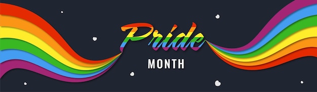 Vector pride month lettering with paper cut rainbow stripe wavy against dark gray background