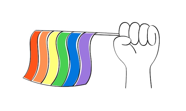 Vettore pride mese lgbtq mano che tiene una bandiera arcobaleno in stile doodle carino simbolo disegnato a mano vettore