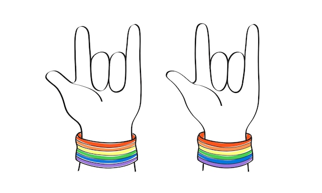 Vettore le mani lgbtq del mese dell'orgoglio indossano braccialetti che mostrano simboli d'amore in un simbolo carino in stile doodle