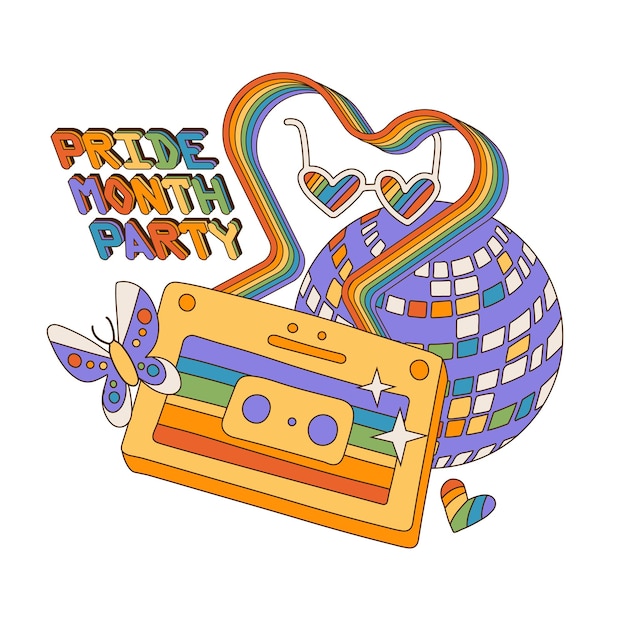 Vector pride month party poster in groovy retro style lgbt pride month print concetp with symbols mirror ba