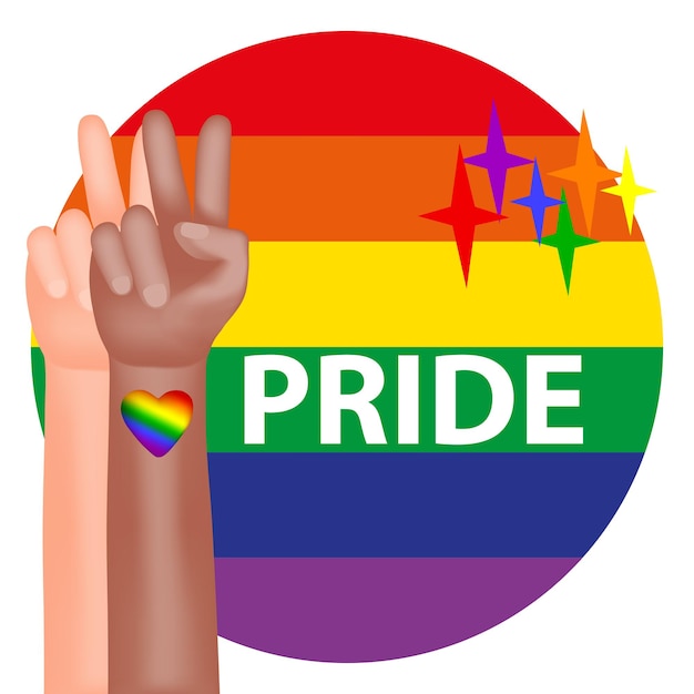 Месяц гордости Постер с радужным флагом ЛГБТ-сообщества и рукой людей