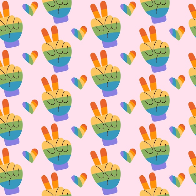 Pride month seamless pattern with peace had gesture in lgbtq flag color colorful s style vector repe