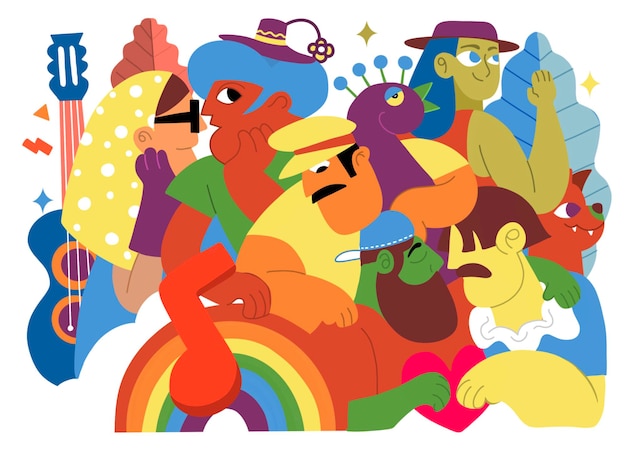 Vettore parata dell'orgoglio, una folla che marcia in una parata dell'orgoglio. membri della comunità lesbica, gay, bisessuale e transgender. una tendenza che coinvolge un insieme diversificato di persone, un'illustrazione vettoriale di uno scarabocchio