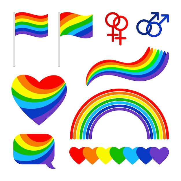 Pride signs. Proud couple lgbt rights symbols, rainbow homosexual parade and festival flag and icons isolated