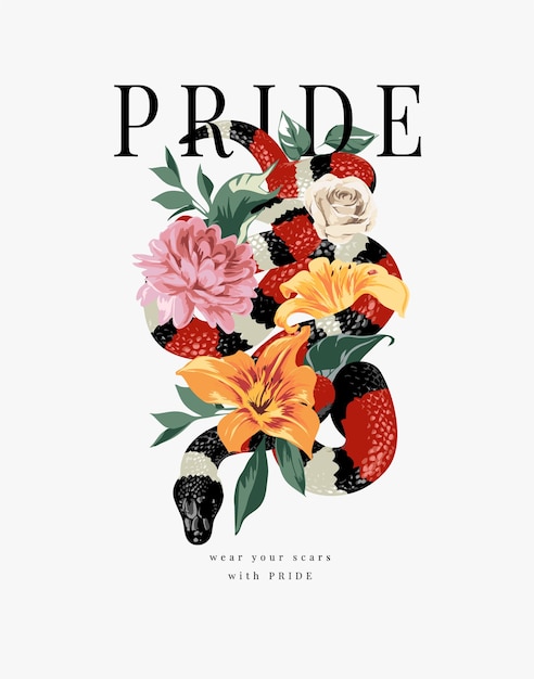 pride slogan with king snake wrapping around colorful flowers illustration