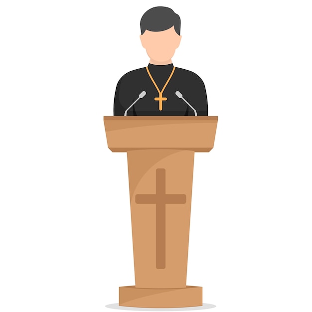 priest giving speech from tribune catholic preacher person pastor servant of god in cassock vector illustration