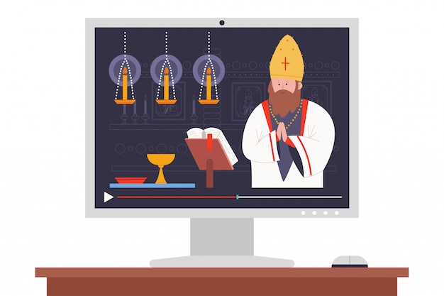 Priest preaching in the church online   cartoon illustration.