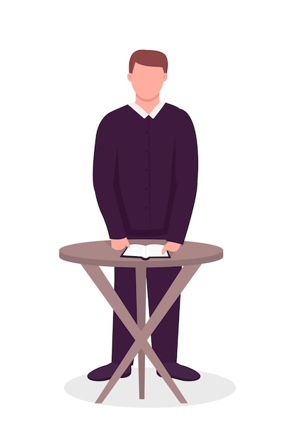 Vector priest with bible on table semi flat color vector character. standing figure. full body person on white. cleric isolated modern cartoon style illustration for graphic design and animation
