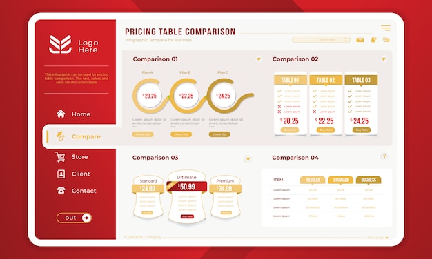 Prijzen tabel vergelijking op infographic sjabloon