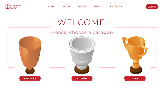 Prijzen voor landingspagina-sjabloon voor kampioenen. eerste, tweede en derde plaats categorie webpagina-concept.