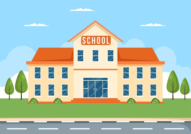 Vector primary school with building structure and eksterior in template hand drawn cartoon illustration