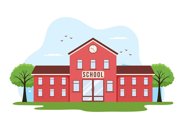 Vector primary school with building structure and eksterior in template hand drawn cartoon illustration