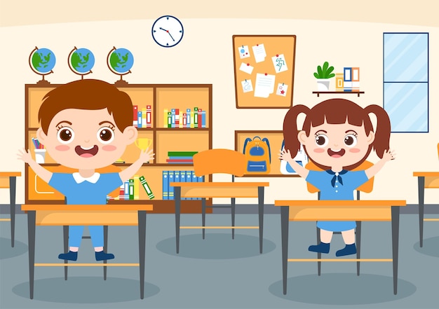 Primary school with cute little students studying in the classroom hand drawn cartoon illustration