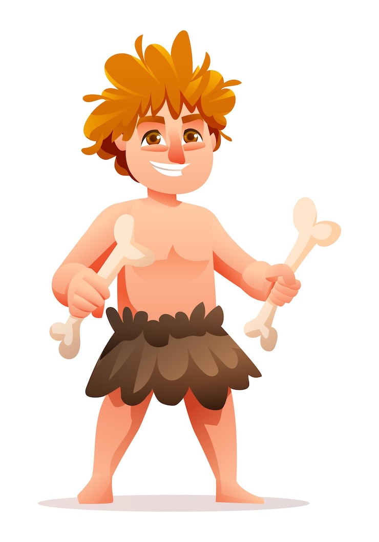 Vector primitive boy character prehistoric stone age cave boy cartoon illustration