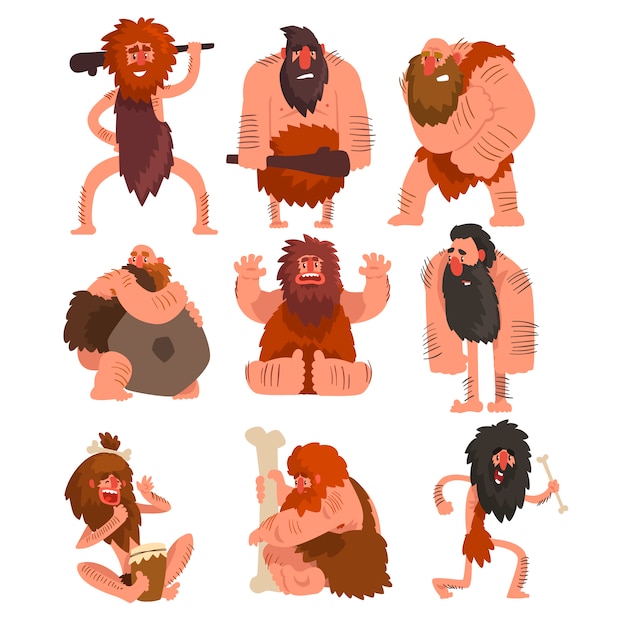 Primitive cavemen set, stone age prehistoric man cartoon character  illustrations