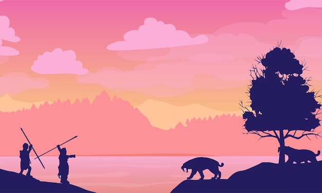 Primitive hunters and sabertoothed tigers against the backdrop of a beautiful landscape Vector