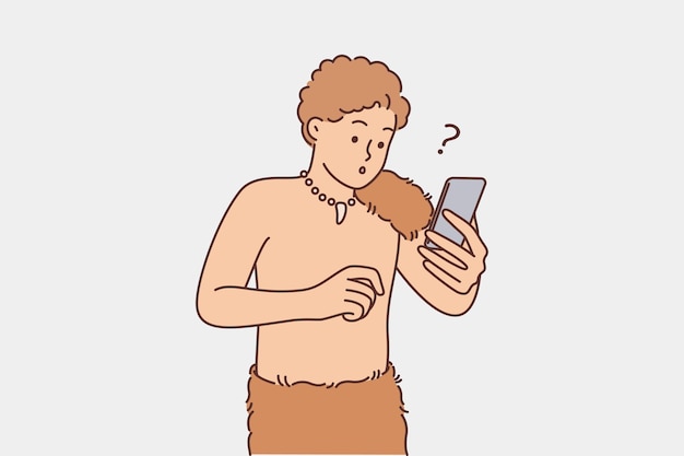 Vettore l'uomo primitivo con il telefono è sorpreso e scioccato nel vedere la tecnologia moderna per la prima volta