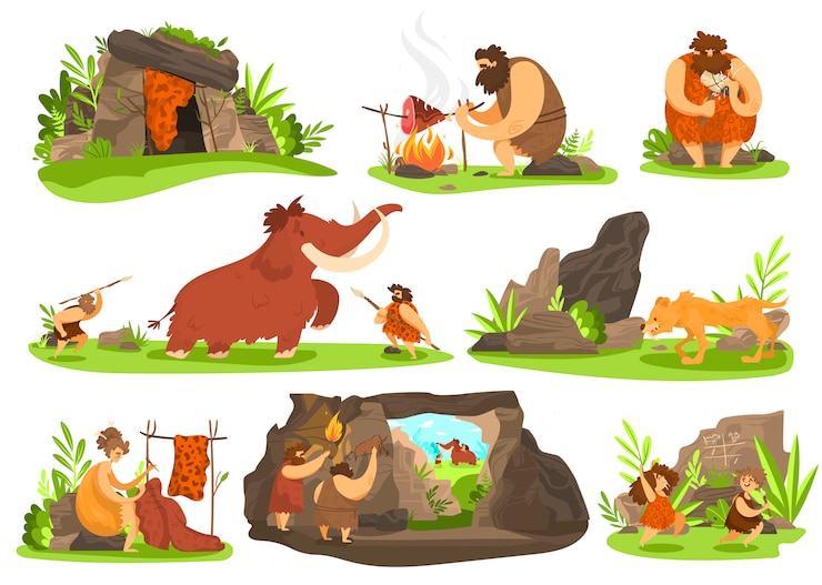 Vector primitive people in stone age, caveman life, vector illustration