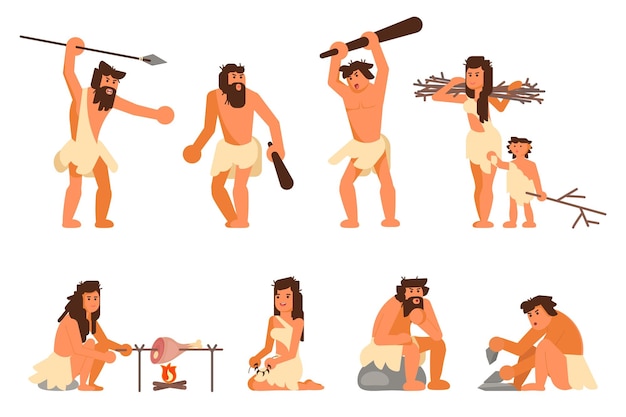 Primitive stone age people vector flat icon set