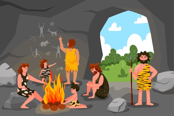 Vector primitive tribe cave people stone age primal painting ancient tribesmen rock drawing man and woman around bonfire food in fire garish illustration vector prehistoric composition