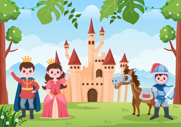 Принц-королева и рыцарь с лошадью перед замком с пейзажем в иллюстрации