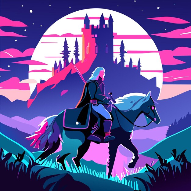 Vector prince riding a horse to the castle hand drawn cartoon sticker icon concept isolated illustration