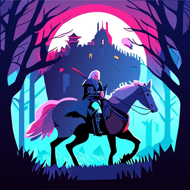 Prince riding a horse to the castle hand drawn cartoon sticker icon concept isolated illustration