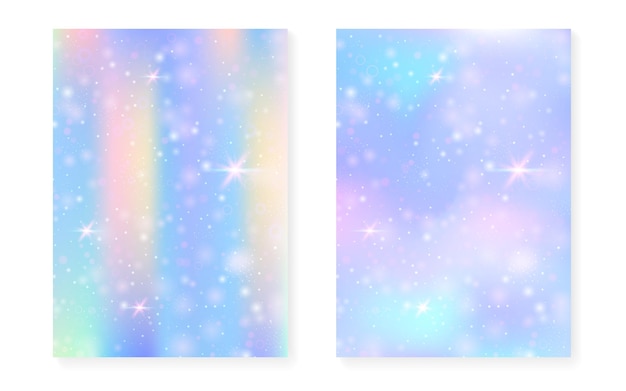 Princess background with kawaii rainbow gradient. magic unicorn hologram. holographic fairy set. spectrum fantasy cover. princess background with sparkles and stars for cute girl party invitation.