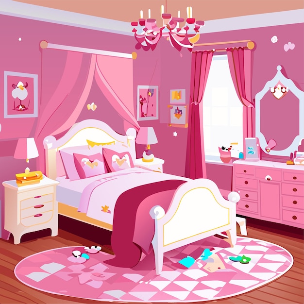 Vettore design cartoon interno della camera da letto della principessa