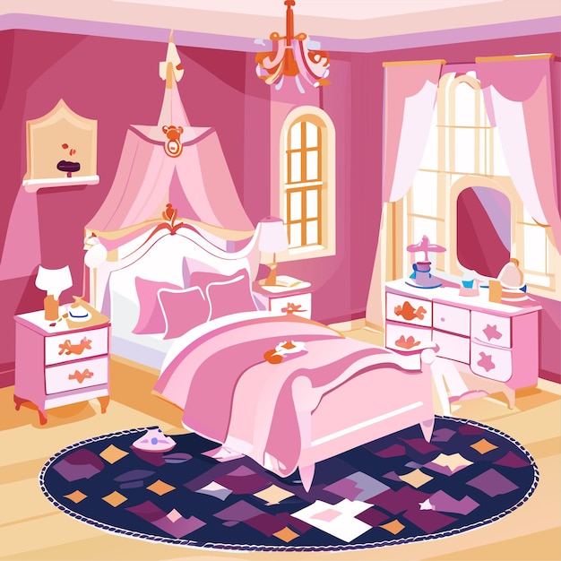 Vector princess bedroom interior cartoon design