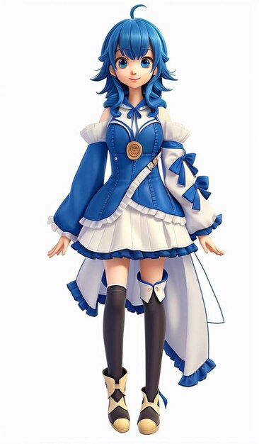 Princess cartoon character with blue hair and blue white dress