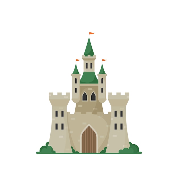 Princess castle isolated on white background. fantasy palace, fairytale royal medieval building, european architecture, royal fortress with flags on towers and gates. cartoon vector illustration