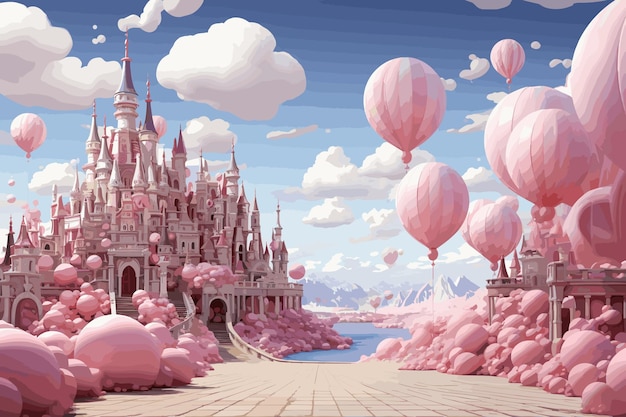 Princess Castle Magic Pink Castle in the clouds Fantasy world Fairytale landscape