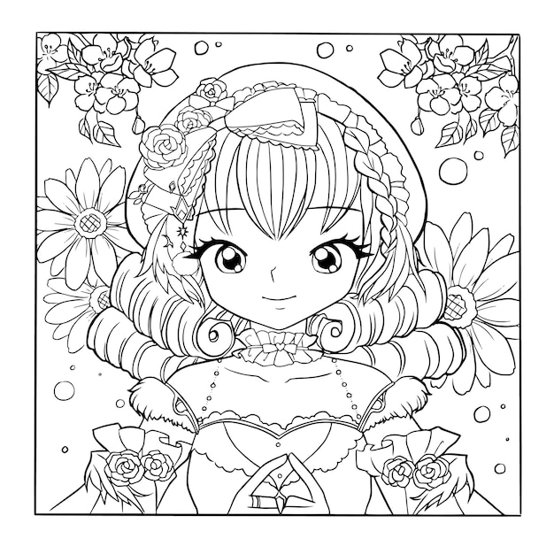 princess coloring page cartoon cute kawaii manga illustration clipart