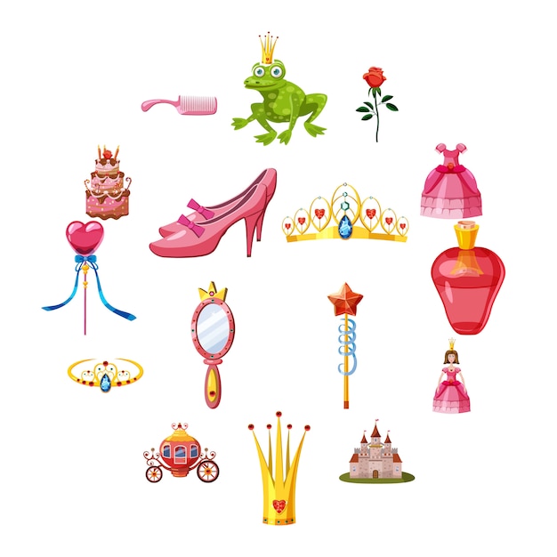 Princess fairytale doll icons set, cartoon style