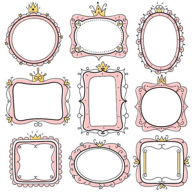 Princess frames. Pink cute floral mirror frames with crown, kids certificate borders. Little girl birthday invitation card  set