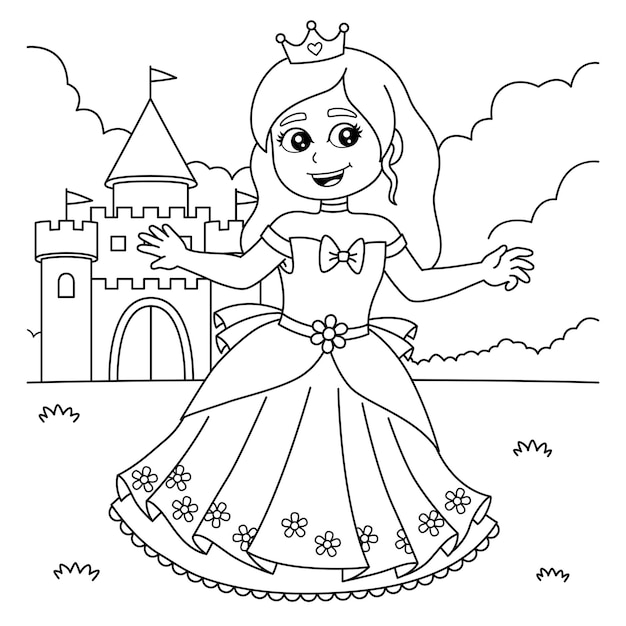 Vector princess in front of the castle coloring for kids