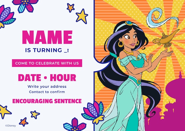 Vector princess jasmine birthday invitation