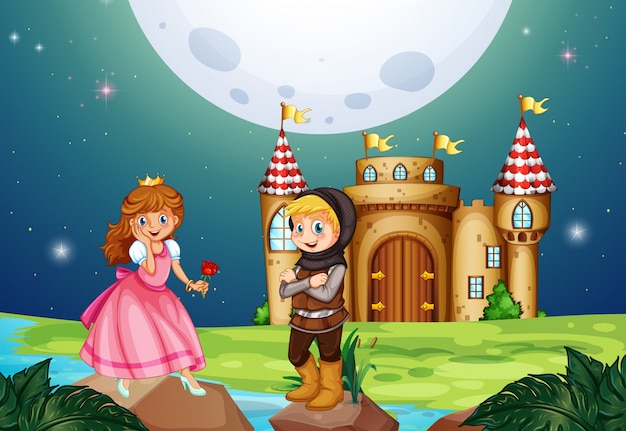 Vector princess and knight at the castle