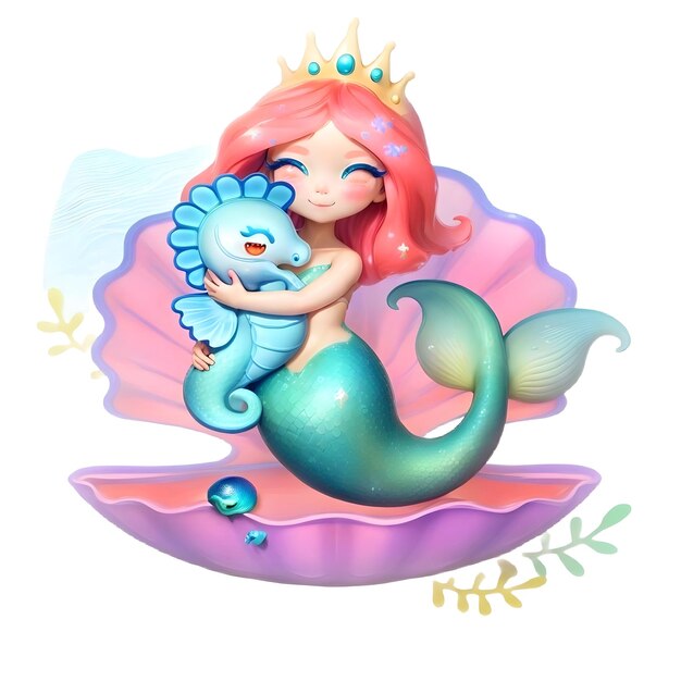 Princess The little Mermaid With a Seahorse In a Pink Seashell