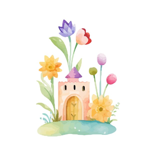 Vettore castello magico della principessa castello dei cartoni animati clipart illustrazione per bambini castello con illustrazioni floreali