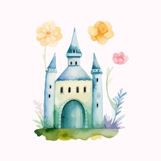 Vettore castello magico della principessa castello dei cartoni animati clipart illustrazione per bambini castello con illustrazioni floreali