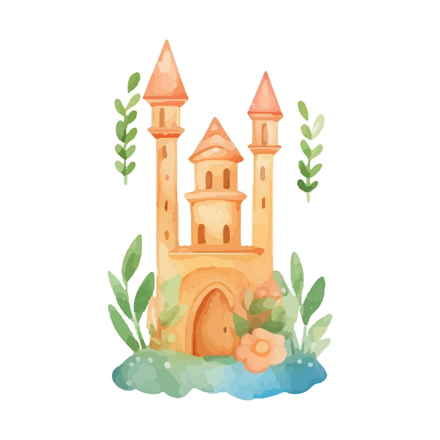 Vettore castello magico della principessa castello dei cartoni animati clipart illustrazione per bambini castello con illustrazioni floreali