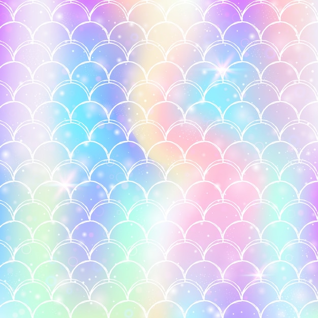 Vector princess mermaid background with kawaii rainbow scales pattern.