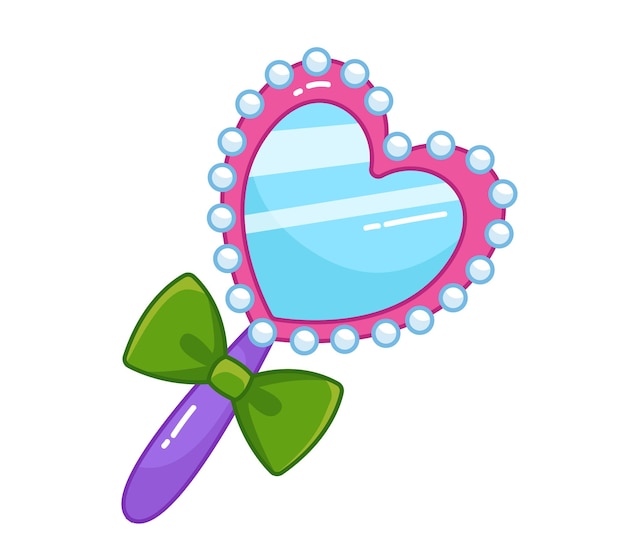 Princess mirror in the shape of pink heart decorated with green bow and pearls vector illustration